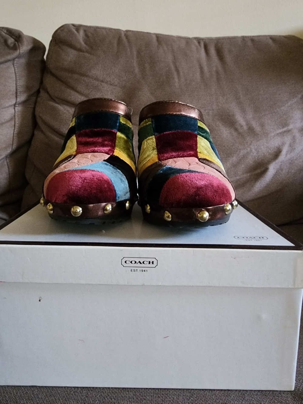 Pre-loved Coach Multicolor Patchwork Velvet Studded Mules - Picture 7 of 11